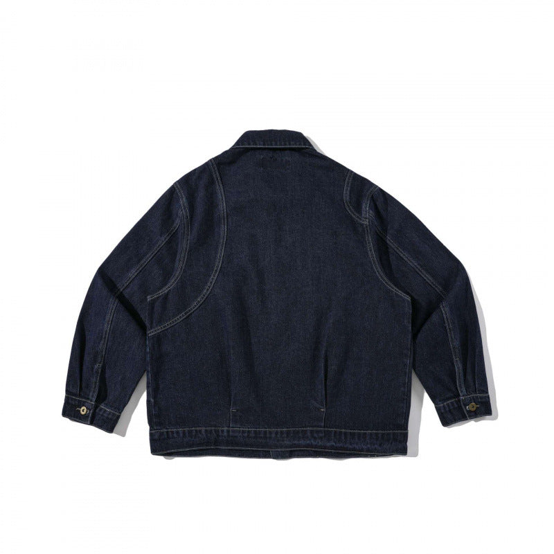 Unisex Kastenförmige Denim-Workerjacke mit übergroßen aufgesetzten Rundtaschen Shop Nory