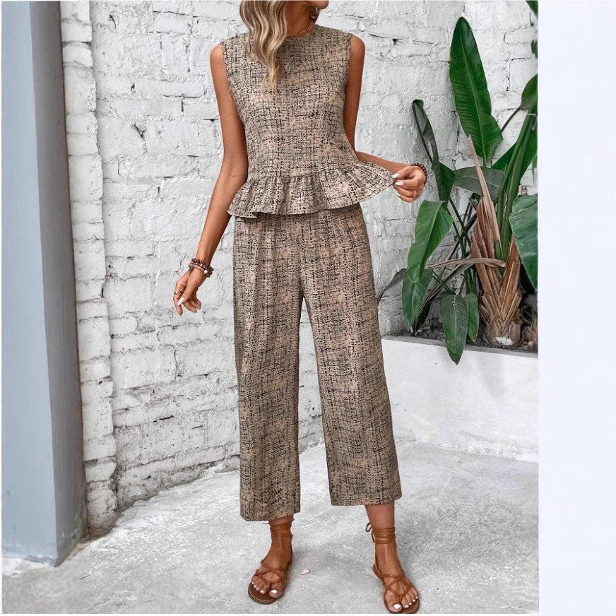 Damen zwei-teiliges Set mit peplum Oberteil und weit geschnittenen Hosen