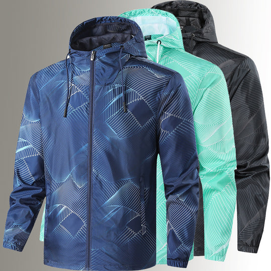 Herren Leichte Kapuzen-Windbreakerjacke mit grafischem Allover-Print und Packfunktion Shop Nory