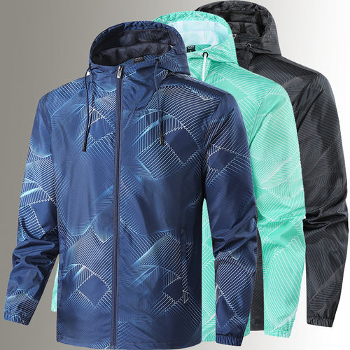 Herren Leichte Kapuzen-Windbreakerjacke mit grafischem Allover-Print und Packfunktion Shop Nory