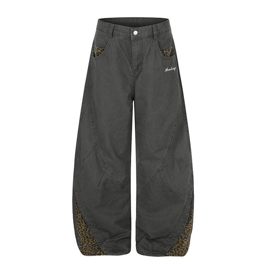 Damen Weite High‑Waist Palazzo-Jeanshose mit Leopardeinsätzen und Eingrifftaschen Shop Nory