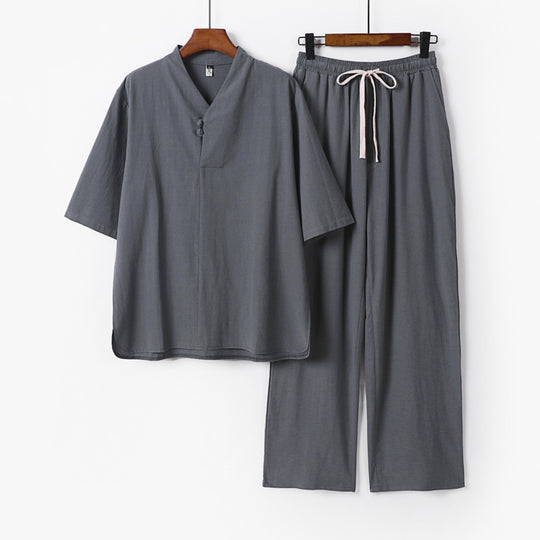 Herren Zweiteiliges Leichtes Loungewear-Set mit Stehkragen-Halbarmshirt und Kordelbund-Hose Shop Nory