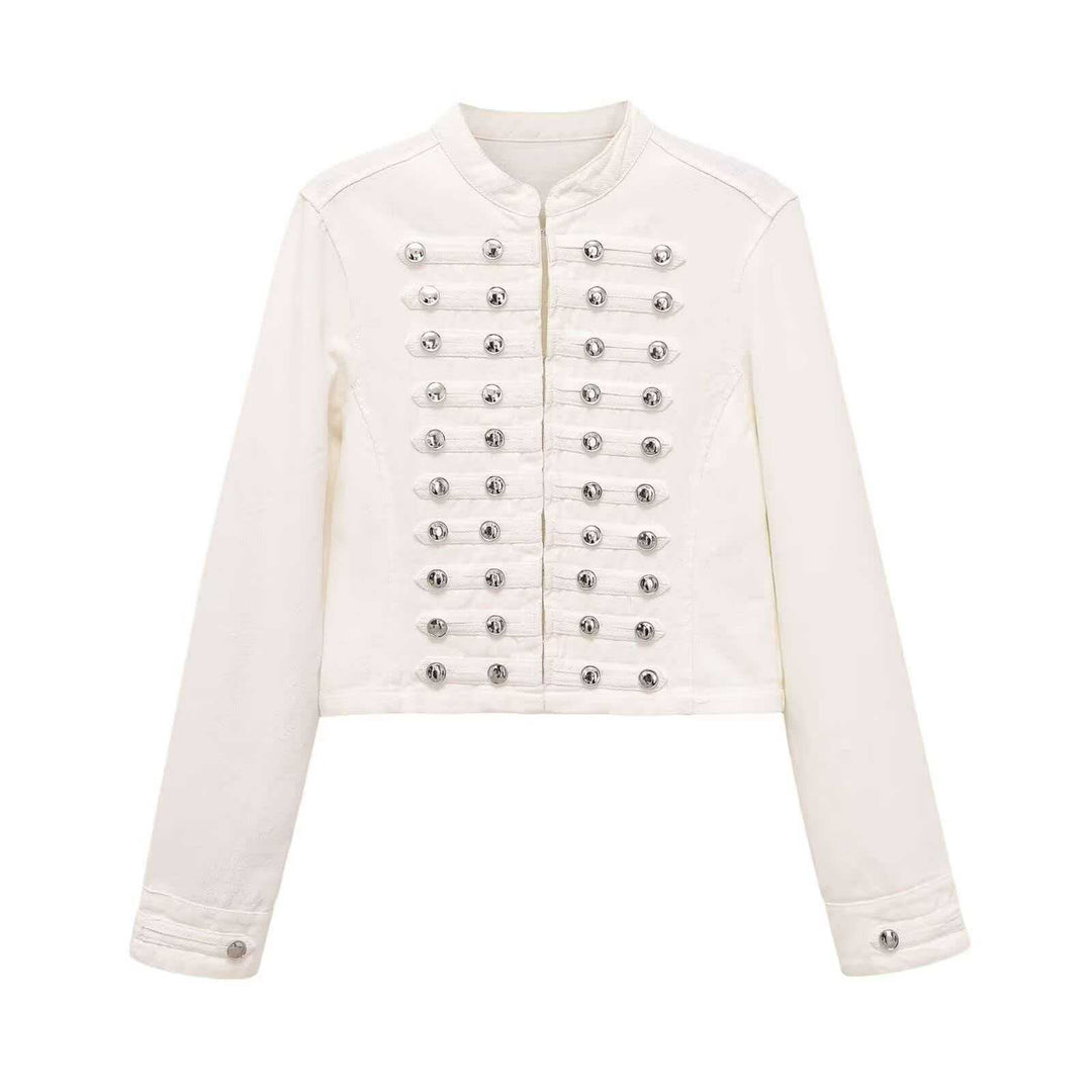 Damen Jeansjacke im Military‑Stil mit Reihenknöpfen und Stehkragen Shop Nory
