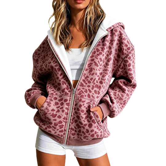 Damen Leicht gefütterte Kapuzen-Zipperjacke im Animalprint mit Kängurutaschen Shop Nory
