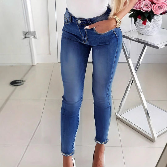 Damen Skinny-Jeans mit Perlenbesatz und Zier-Schleifen Shop Nory