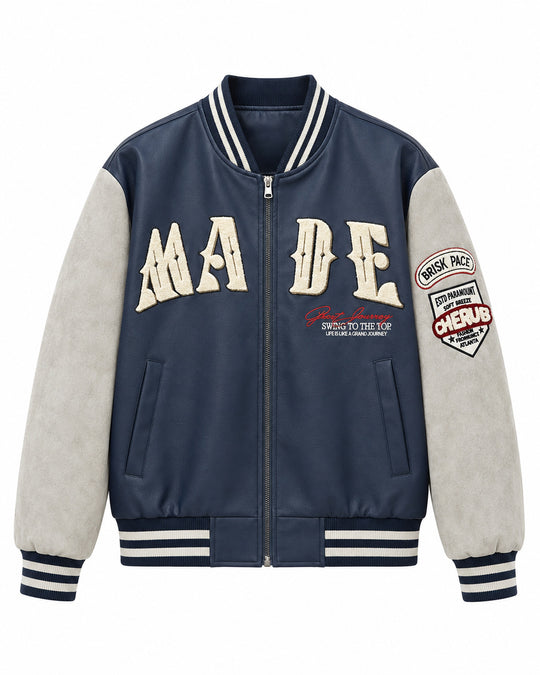 Herren Collegejacke im Letterman‑Style mit Kunstlederkörper und Veloursärmeln Shop Nory