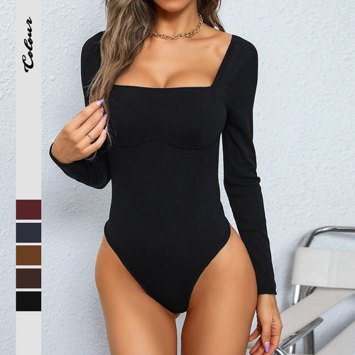 Damen Figurbetonter Langarm-Body mit Quadratausschnitt und Unterbrustnaht Shop Nory
