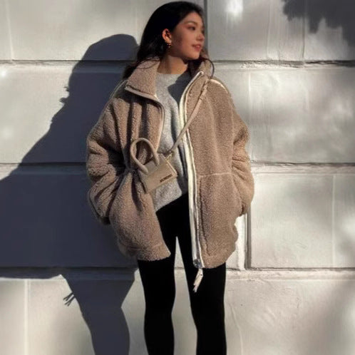 Damen Weit geschnittene Teddy-Fleecejacke mit hohem Stehkragen Shop Nory