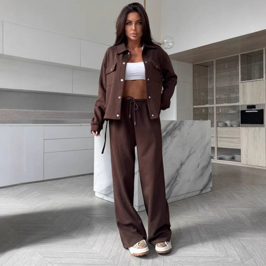 Damen Zweiteiliges Loungewear-Set mit tailliertem Blouson, Bindegürtel und weiter Palazzo-Hose Shop Nory