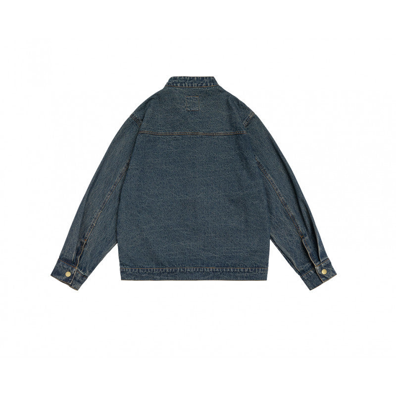 Unisex kastige Jeansjacke mit Stehkragen, durchgehendem Reißverschluss und geformten Eingrifftaschen Shop Nory