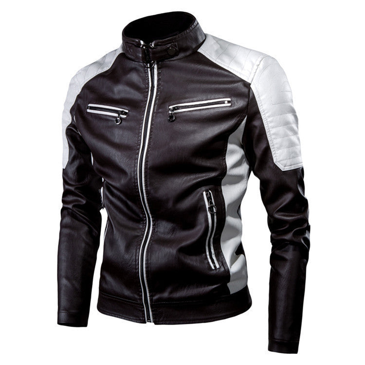 Herren Schmal geschnittene Motorrad-Kunstlederjacke mit Kontrastpaneelen, gesteppter Schulter und Reißverschlusstaschen Shop Nory