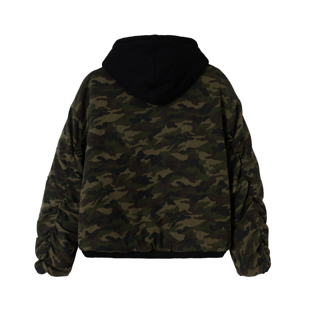 Herren Camouflage Utility-Bomberjacke mit Kapuze, Distressed‑Details und Hakenverschluss Shop Nory