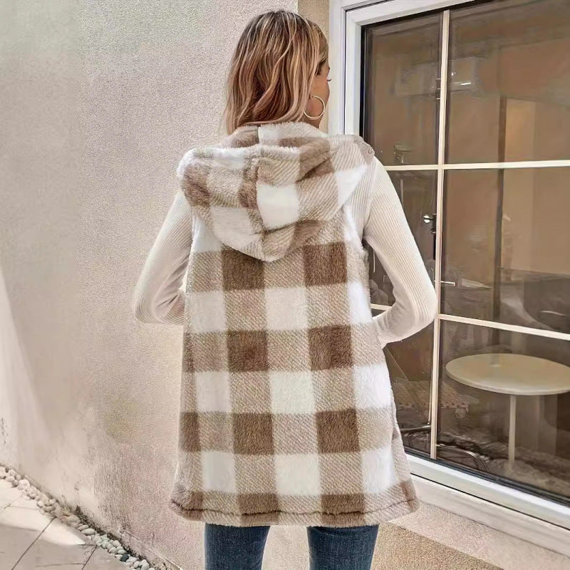 Damen Ärmellose Teddy‑Weste mit Kapuze und Karomuster Shop Nory
