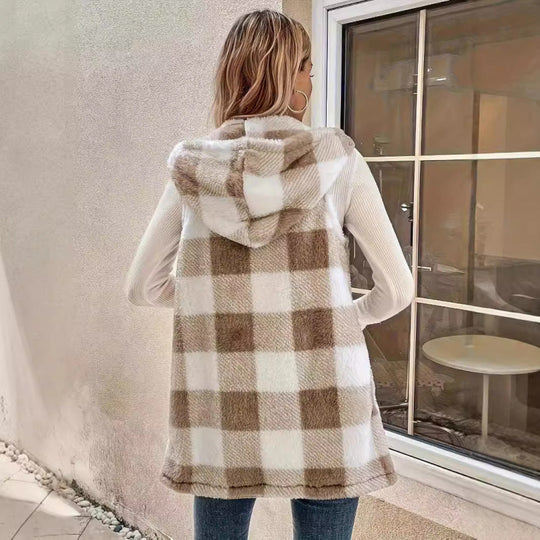 Damen Ärmellose Teddy‑Weste mit Kapuze und Karomuster Shop Nory