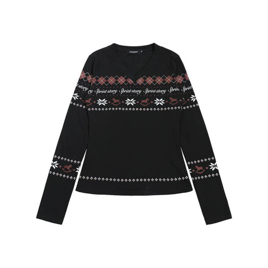 Damen Langarmshirt mit V-Ausschnitt und skandinavischem Norwegerprint aus Baumwollmix Shop Nory