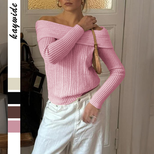 Damen nan Off-Shoulder Rippstrickpullover mit schmaler Silhouette und gerolltem Ausschnitt Shop Nory
