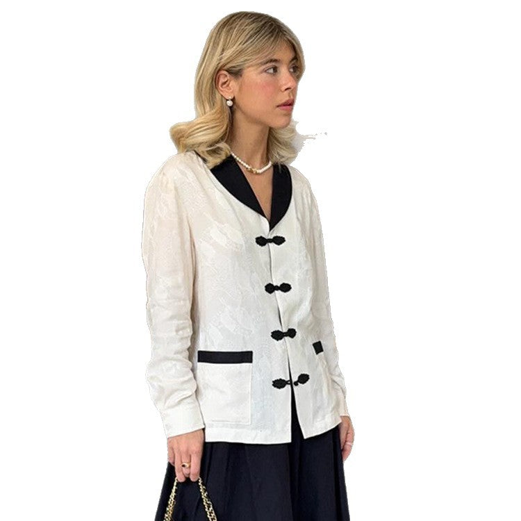 Damen Taillierte Jacquard-Jacke mit Kontrastkragen und Knotenverschlüssen Shop Nory
