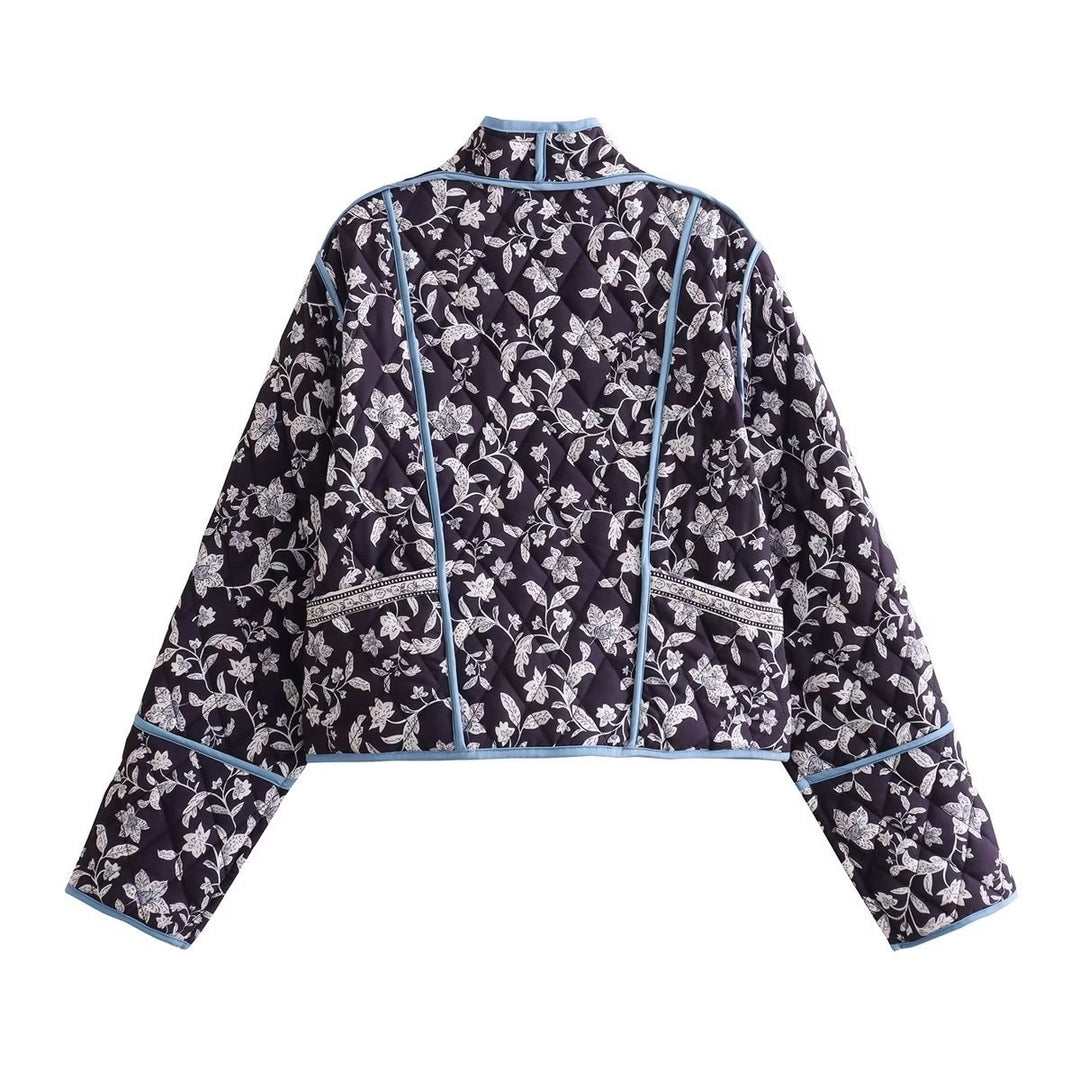 Damen Gestepptes Cropped-Steppjacke mit floralem Allovermuster und kontrastierender Paspelierung Shop Nory