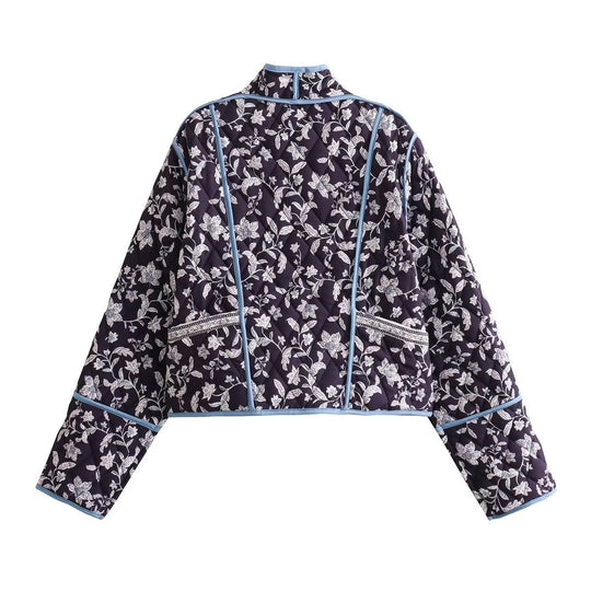 Damen Gestepptes Cropped-Steppjacke mit floralem Allovermuster und kontrastierender Paspelierung Shop Nory