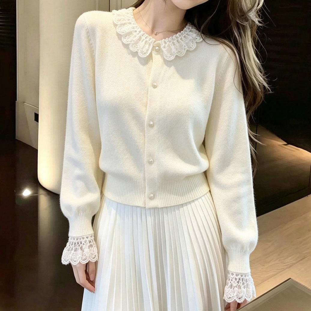 Damen Elegante Strickjacke mit Spitzenausschnitt Shop Nory