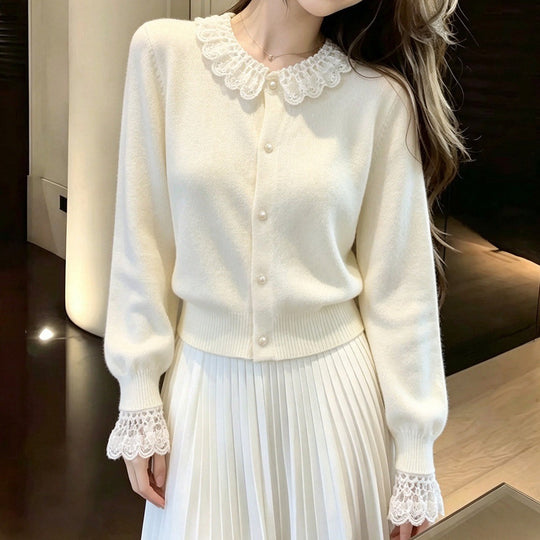 Damen Elegante Strickjacke mit Spitzenausschnitt Shop Nory