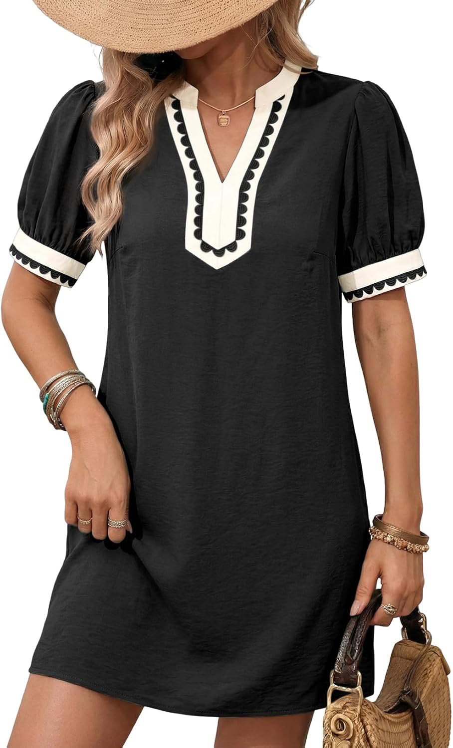 Damen Lockeres A-Linien Minikleid mit Puffärmeln, V‑Notch und kontrastierter Zierborte Shop Nory