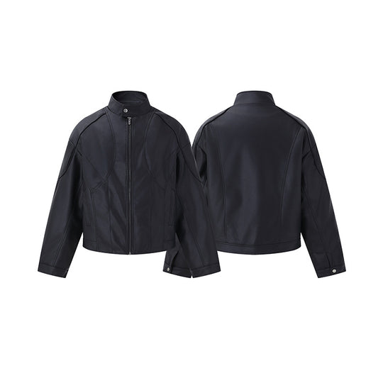 Herren Kurzboxy Mock‑Lederjacke mit geometrischer Nahtführung Shop Nory