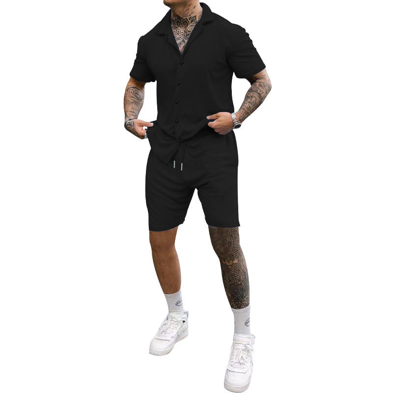 Herren Freizeit-Kurzarm-Set mit Knopfleiste und verstellbarem Kordelzug Shopnory