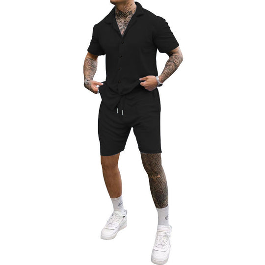 Herren Freizeit-Kurzarm-Set mit Knopfleiste und verstellbarem Kordelzug Shopnory