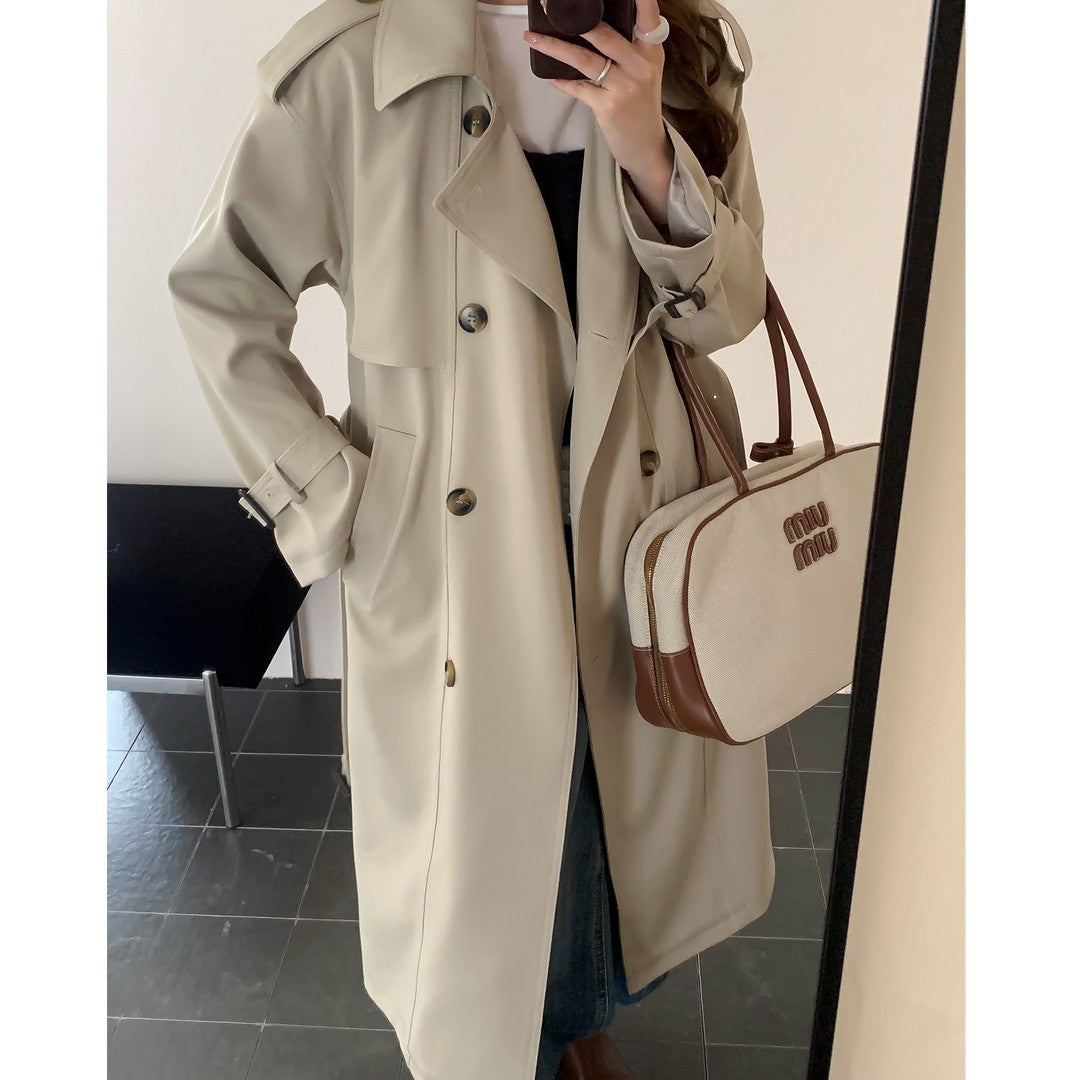 Damen Langer Trenchcoat mit Hochkragen, doppelter Sturmklappe und verstellbaren Manschetten Shop Nory