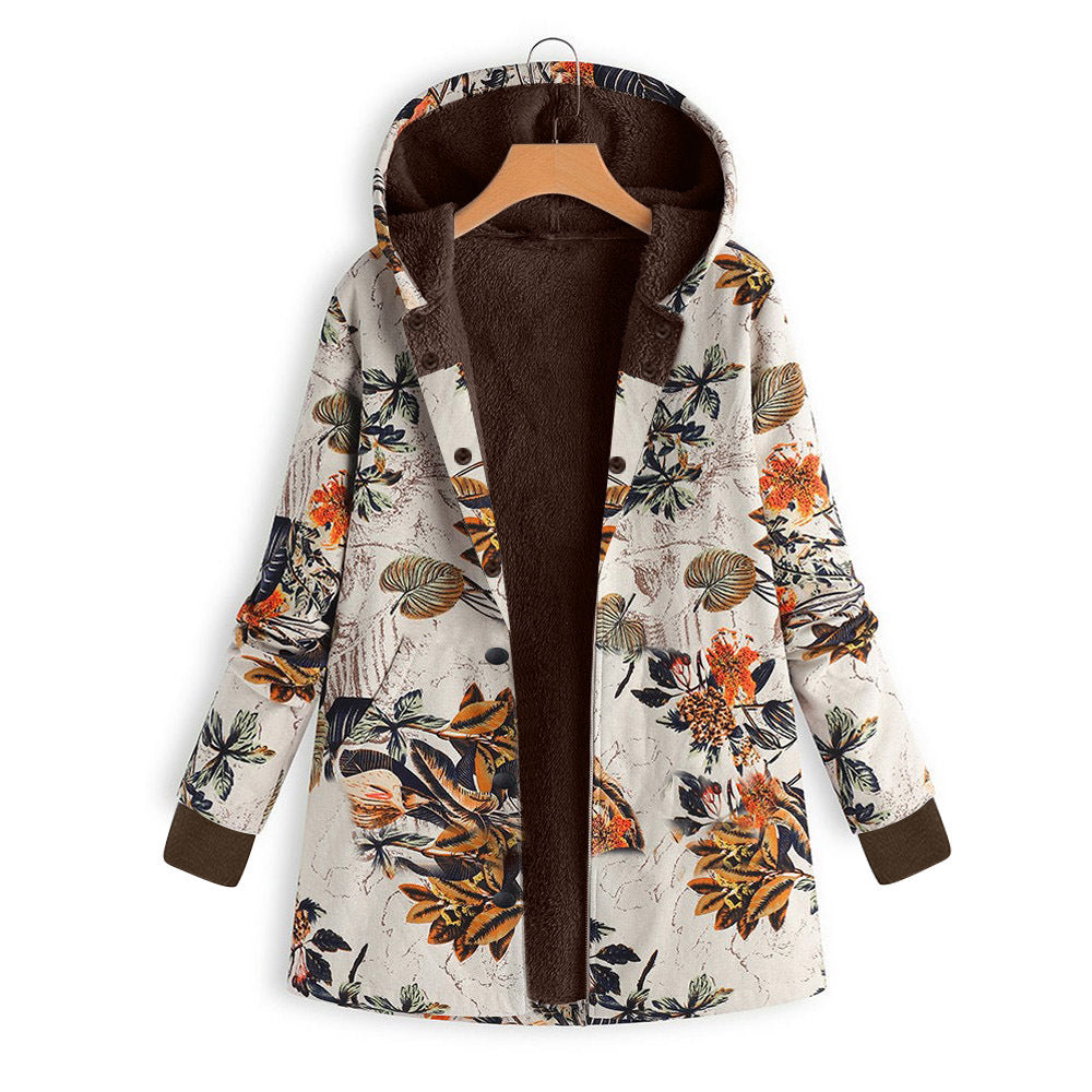Damen Gefütterte Kapuzenjacke mit Kunstfellfutter, floralem Print und Eingrifftaschen Shop Nory