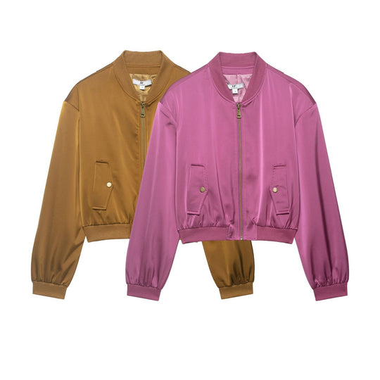 Damen gekürzte Satin-Bomberjacke mit Rippsaum und aufgesetzten Pattentaschen Shop Nory