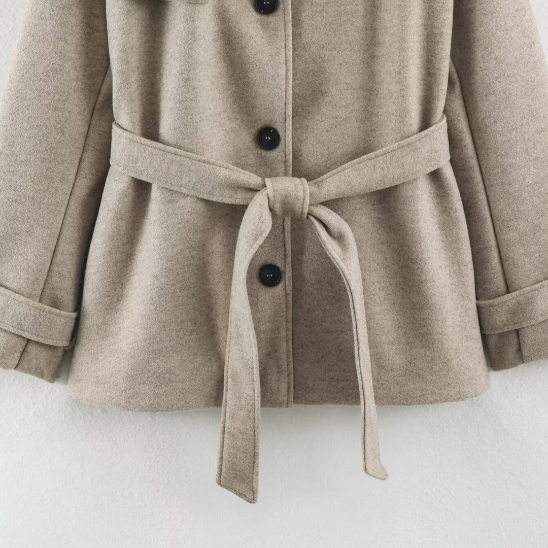 Damen Kurz‑Trenchcoat aus Wollmix mit Stehkragen, Epauletten und Bindegürtel Shop Nory
