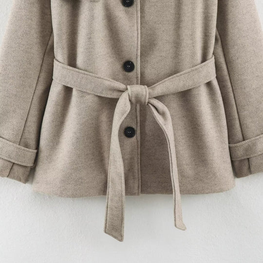 Damen Kurz‑Trenchcoat aus Wollmix mit Stehkragen, Epauletten und Bindegürtel Shop Nory