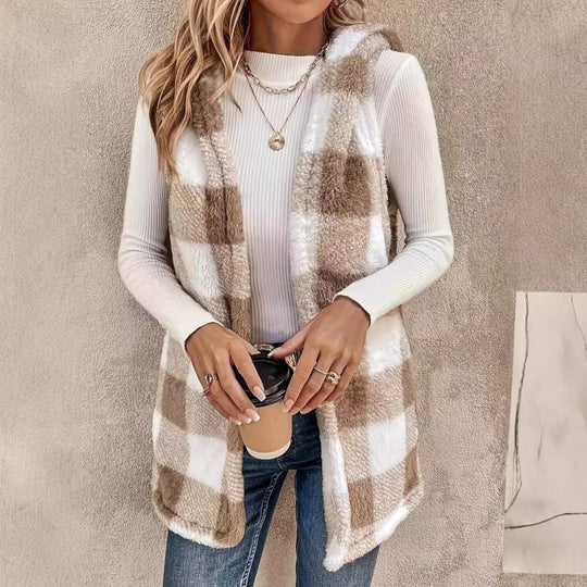 Damen Ärmellose Teddy‑Weste mit Kapuze und Karomuster Shop Nory