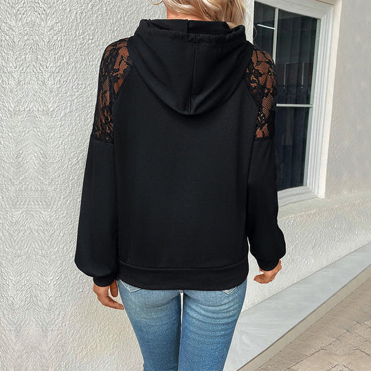 Damen Kapuzenpullover mit Spitzen-Schultereinsatz, Raglanärmeln und legerer Passform Shop Nory