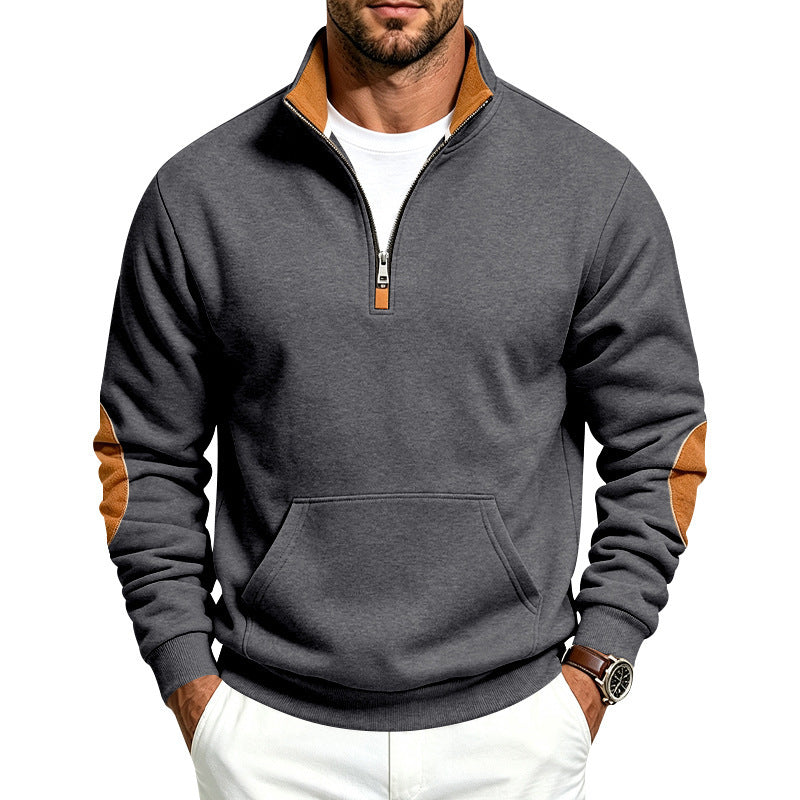 Herren Troyer-Pullover mit halbem Reißverschluss, Kängurutasche und Ellbogen-Patches Shop Nory