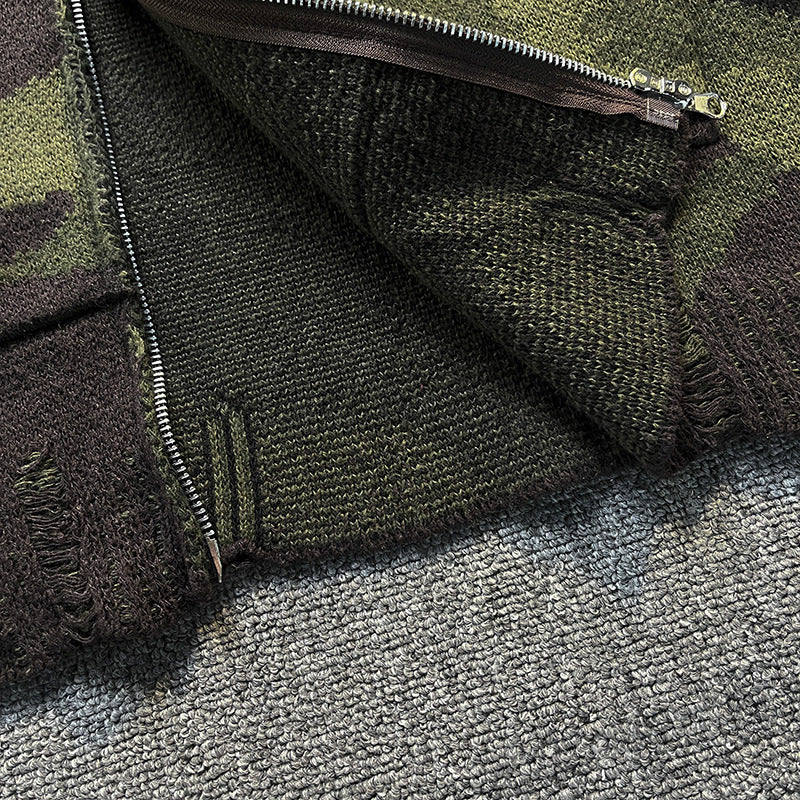 Herren Strick-Kapuzenjacke im Camouflage-Look mit Reißverschluss und used-Details Shop Nory