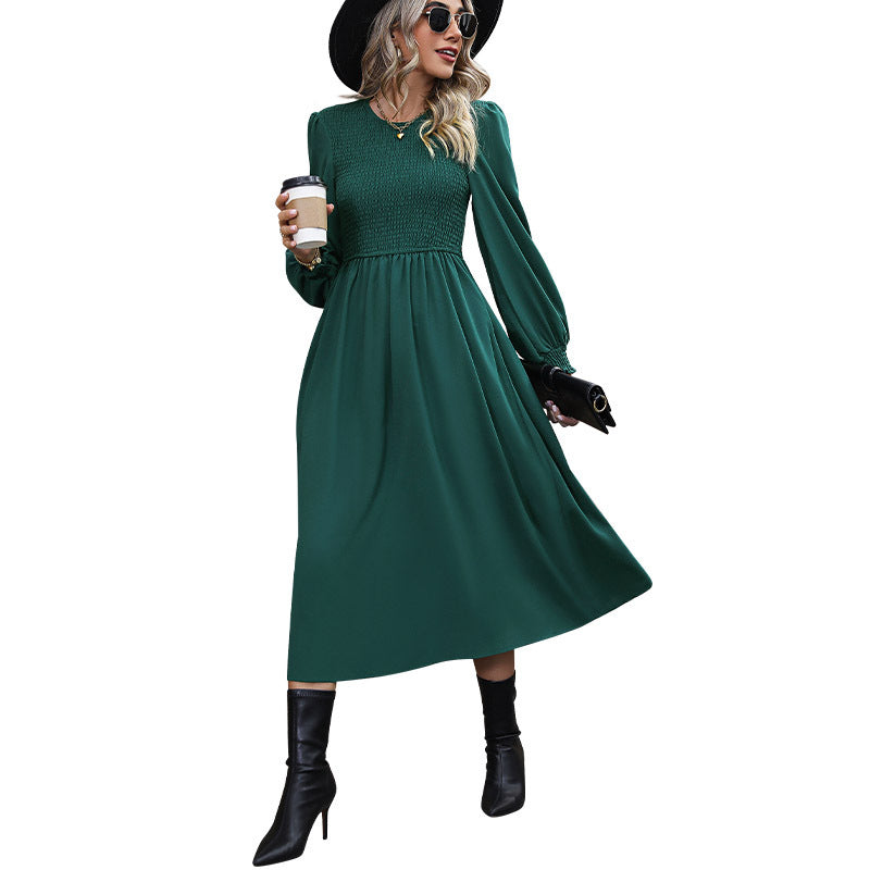 Damen Midikleid mit Smokoberteil, langen Ballonärmeln und ausgestelltem Rock Shop Nory