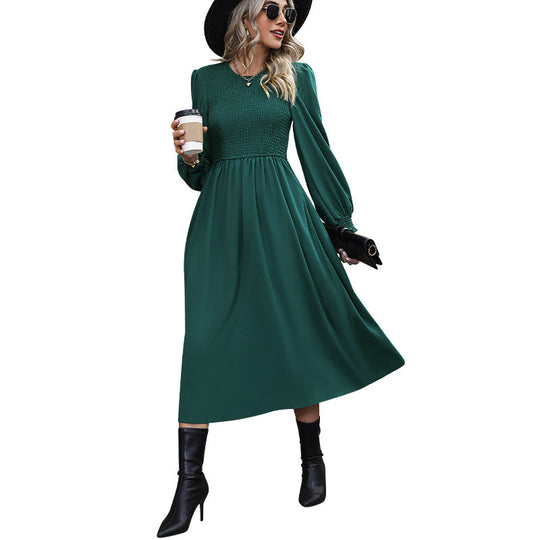 Damen Midikleid mit Smokoberteil, langen Ballonärmeln und ausgestelltem Rock Shop Nory