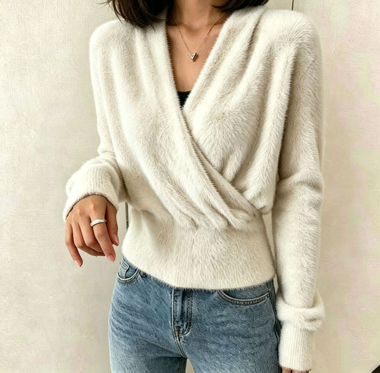 Damen Kuscheliger Wickel‑Pullover aus Faux‑Fur mit tiefem V‑Ausschnitt Shop Nory