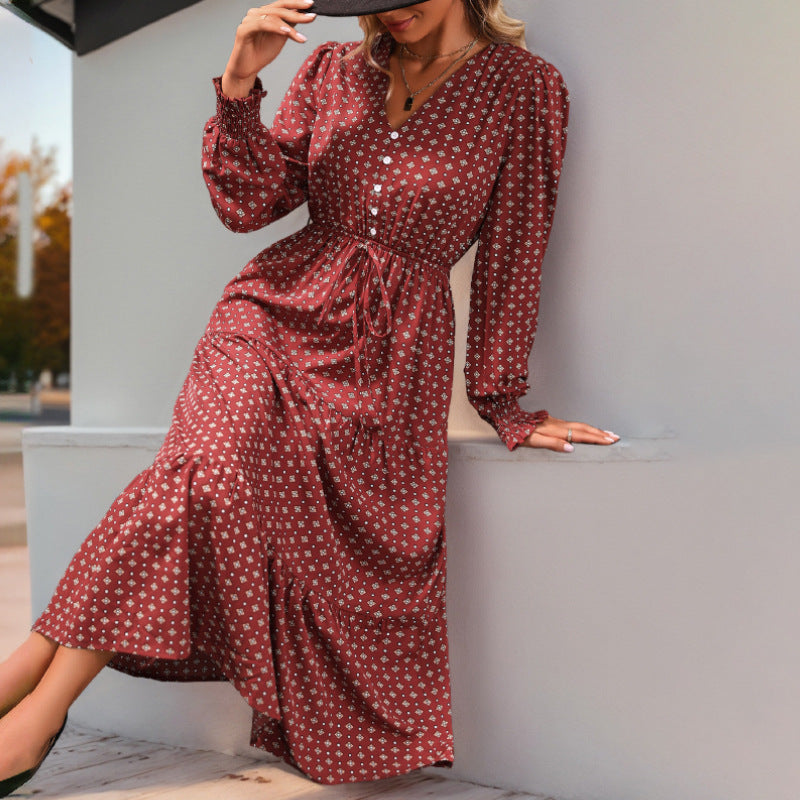 Damen Midikleid mit V-Ausschnitt, Smok-Taille, Stufensaum und floralem Allover-Print Shop Nory