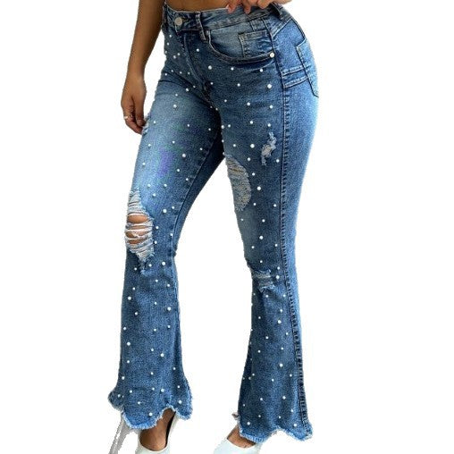 Damen Perlenbesetzte High-Waist Flared-Jeans mit Destroyed-Details und rohem Saum Shop Nory
