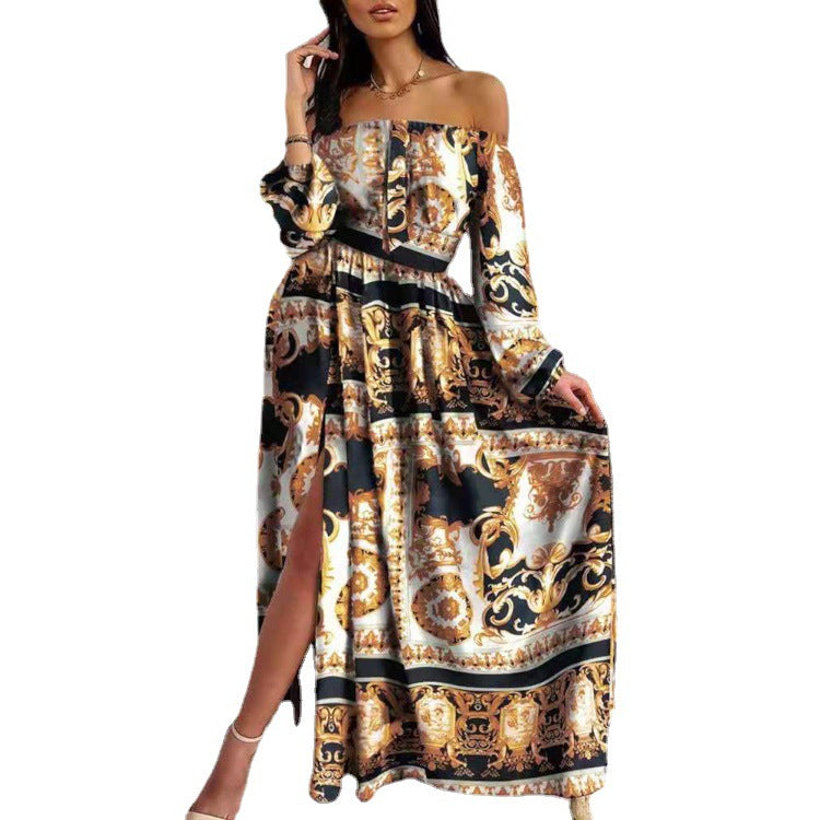 Damen Maxikleid mit offenem Schulterdesign und aufwendigem Barockmuster Shopnory
