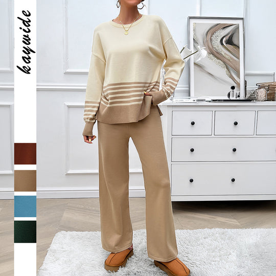 Damen nan lässiges Strick-Lounge-Set mit gestreiftem Rundhals-Pullover, Raglanärmeln und weiten taillenhohen Hosen Shop Nory