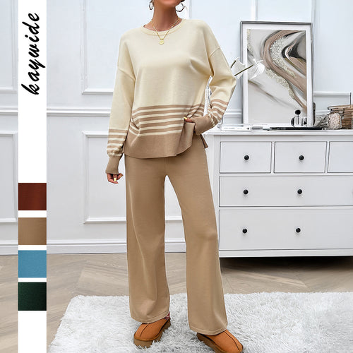 Damen nan lässiges Strick-Lounge-Set mit gestreiftem Rundhals-Pullover, Raglanärmeln und weiten taillenhohen Hosen Shop Nory
