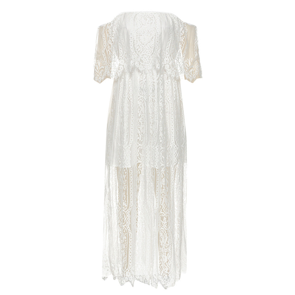 Damen Maxikleid mit eleganter Spitze und schulterfreiem Design