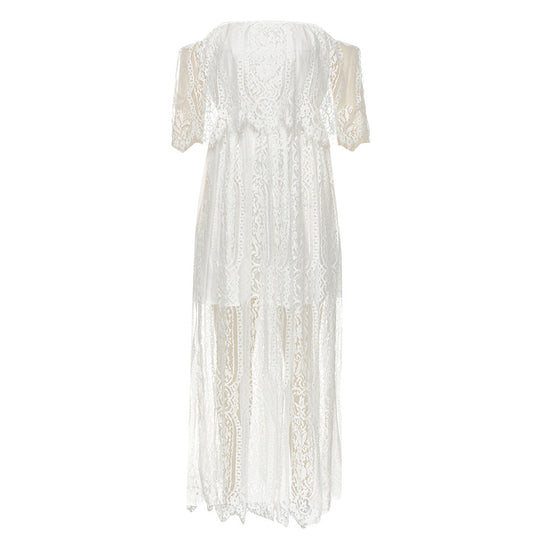 Damen Maxikleid mit eleganter Spitze und schulterfreiem Design