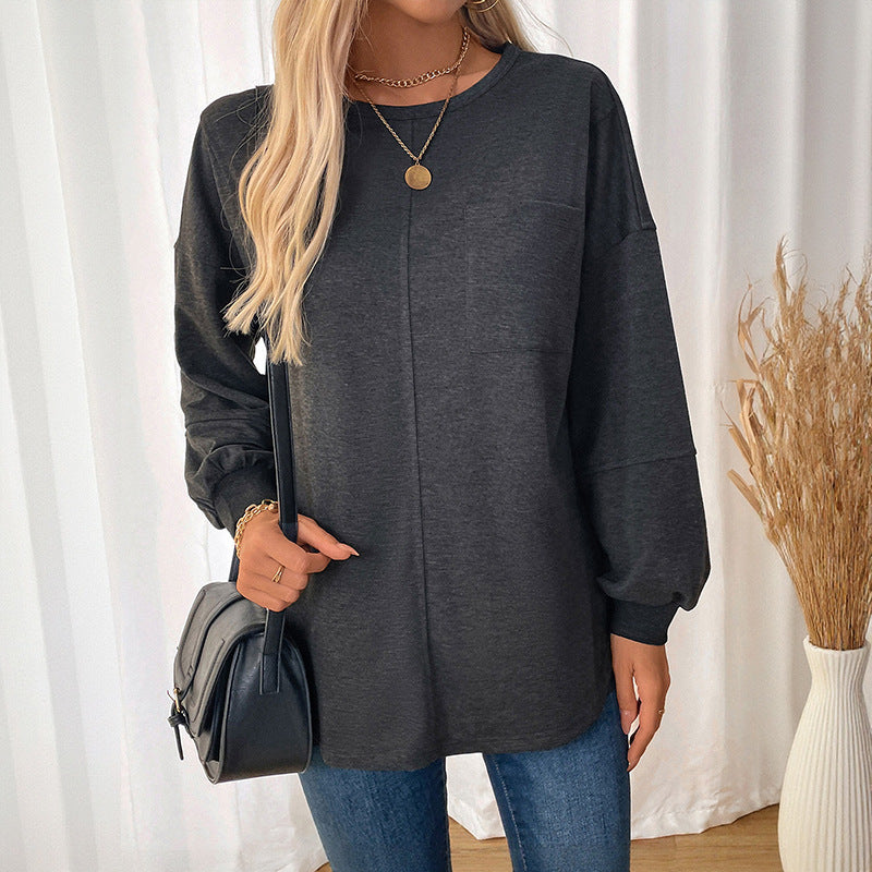 Damen Lässiges Langarm-Jerseyshirt mit Mittiger Ziernaht, Rundhals & abgerundetem Saum Shop Nory