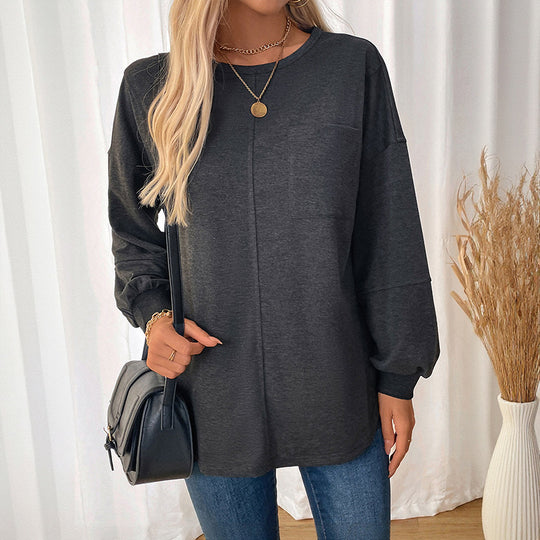 Damen Lässiges Langarm-Jerseyshirt mit Mittiger Ziernaht, Rundhals & abgerundetem Saum Shop Nory